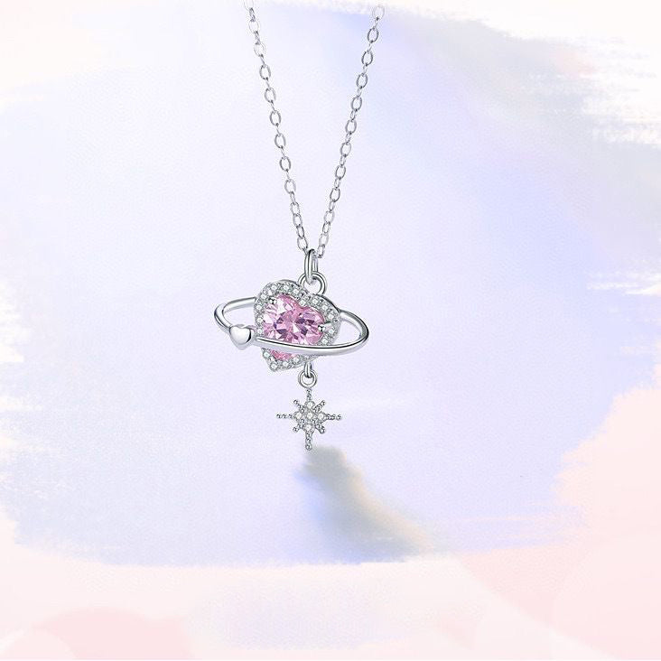 1pcs 990 Sterling Silver Starburst Pink Heart Necklace, Elegant Trendy Style, Ideal For Valentine's Gifts