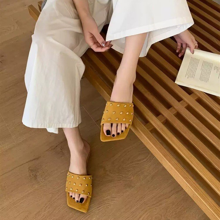 2026 French Style Square Toe Rivet Slippers, Summer Suede Block Heel Single Strap Outdoor Slippers For Women