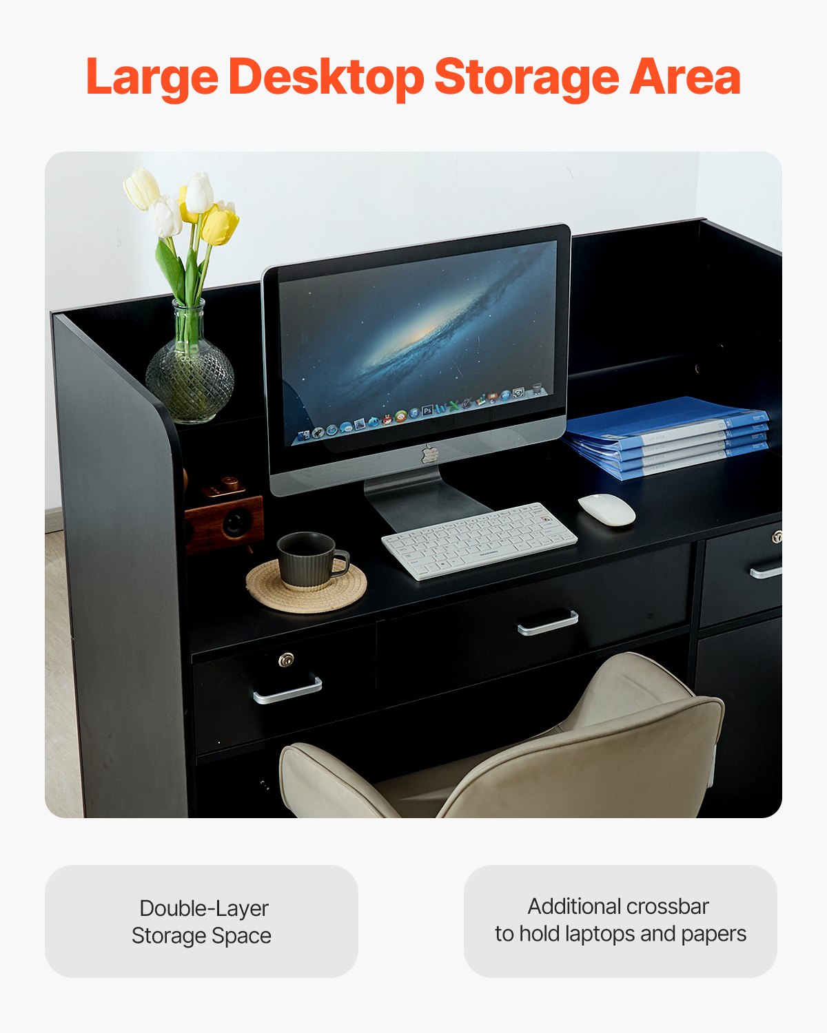 Reception Desk, 47 Inch Rectangular Front Counter Table, Office Reception Counter With Lockable Drawer And Storage Cabinet, For Checkout, Lobby, Beauty Salon And Office, Black