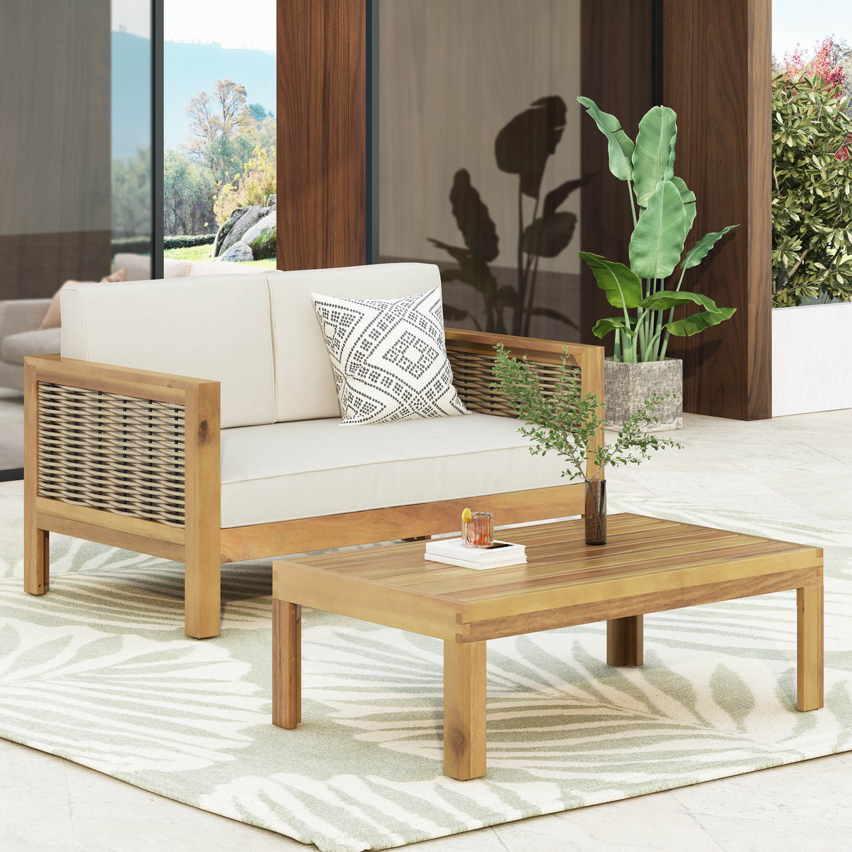 Outdoor Acacia Wood And Wicker Loveseat And Coffee Table Set With Cushions, Teak Beige