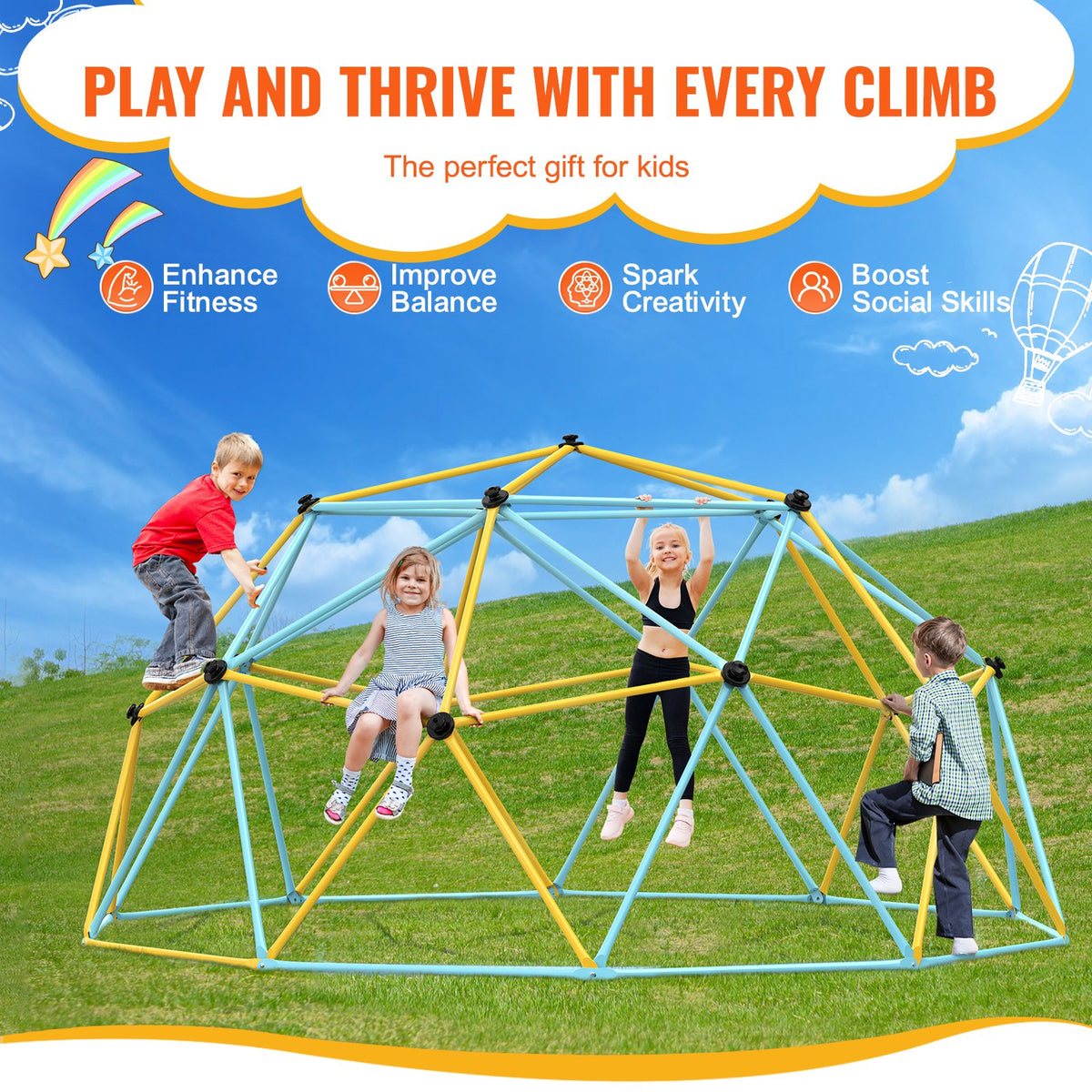 Climbing Dome,Jungle Gym Supports 750LBS And Easy Assembly, 12FT Geometric Dome Climber Play Center For Kids 3 To 10 Years Old, With Climbing Grip, Outdoor Backyard Play Equipment For Kids