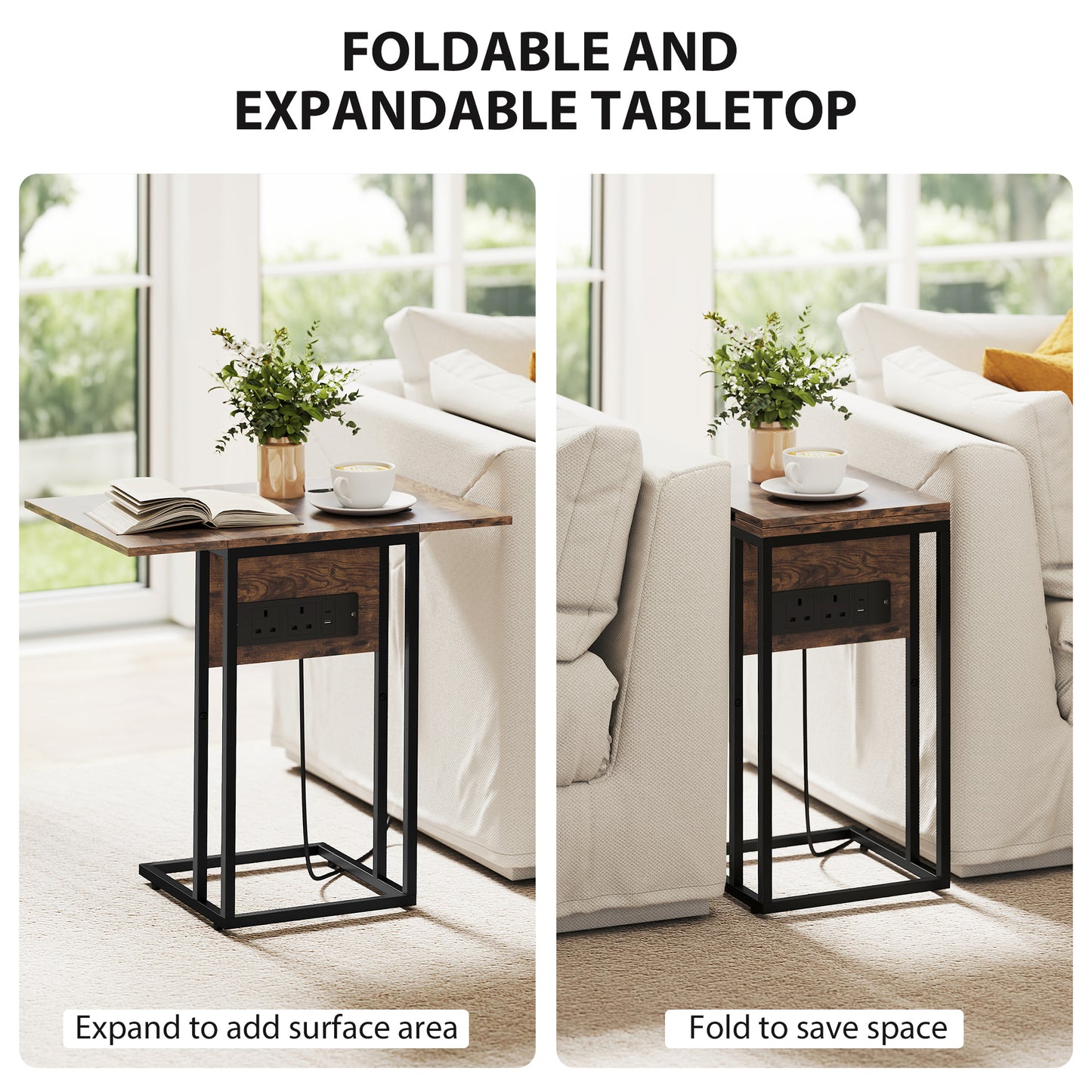 C Shaped Side Table With Charging Station And Foldable Top - Rustic Brown