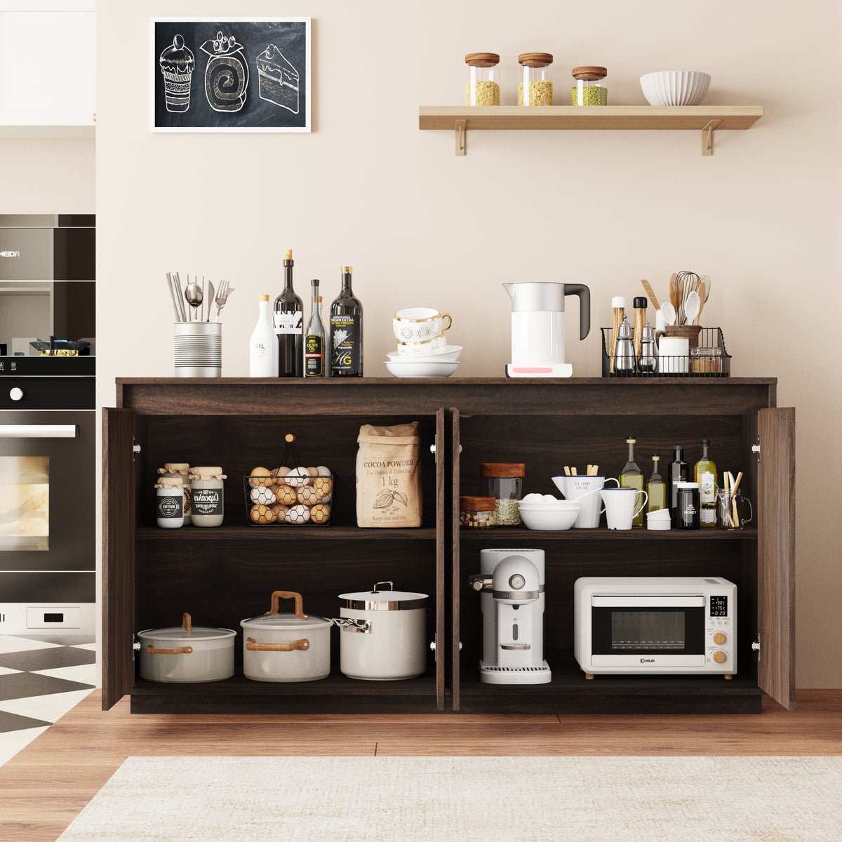 4 Door Walnut Wood Sideboard Buffet Cabinet With Power Outlet, Wavy Vertical Texture Accent Cabinet With No-Handle Design Door Top Edge As Handle , Freestanding Kitchen Storage Cabinet For Dining Roo