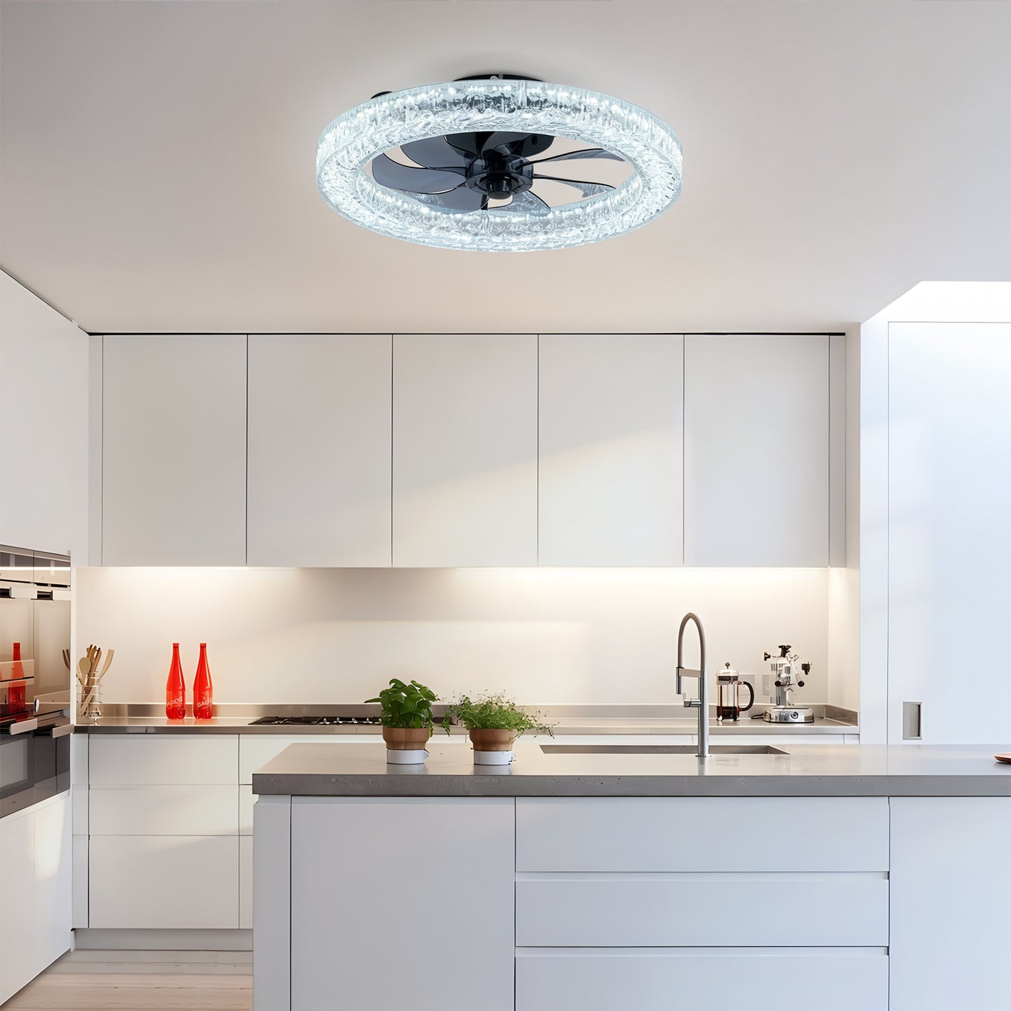 Acrylic Ice Brick Fan Light ,LED Light Source And Remote Control, 3000-6500K Dimmable Modern Flush Mount LED Fan Light, 6 Speeds, Quiet DC Motor For Living Room, Bedroom,Kitchen----Matte Black
