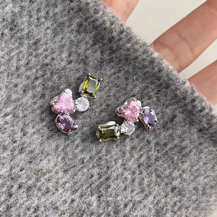 Exquisite Geometric Colorful Zircon Stud Earrings, Light Luxury High-End Dopamine Sweet Personalized Fashion Ear Jewelry For Women