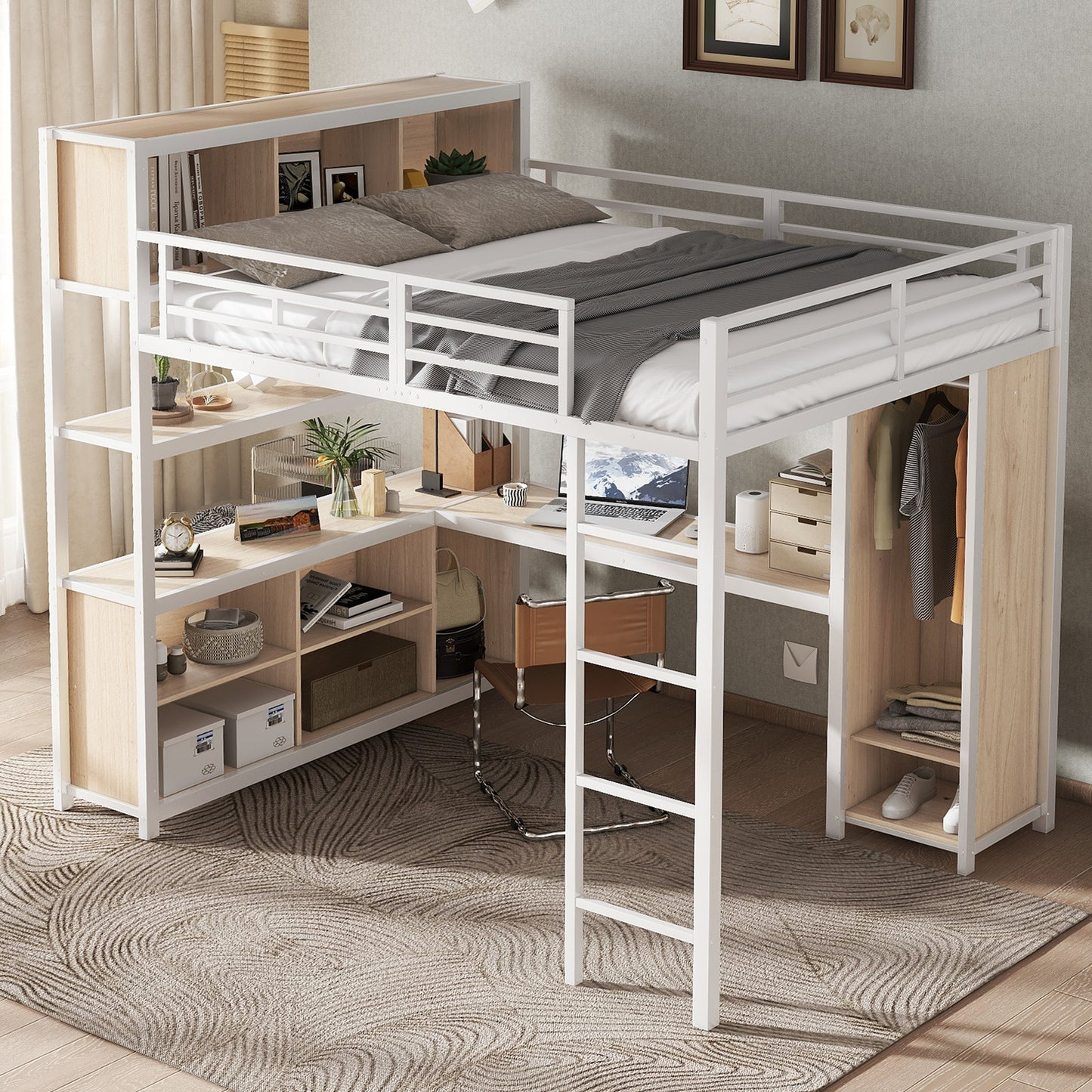 Iron Bed, Bunk Bed, Double-storey Storage Space Under The Desk, Upper Bed With Storage Space, With Wardrobe, Iron Chipboard, White Natural, 140x200cm