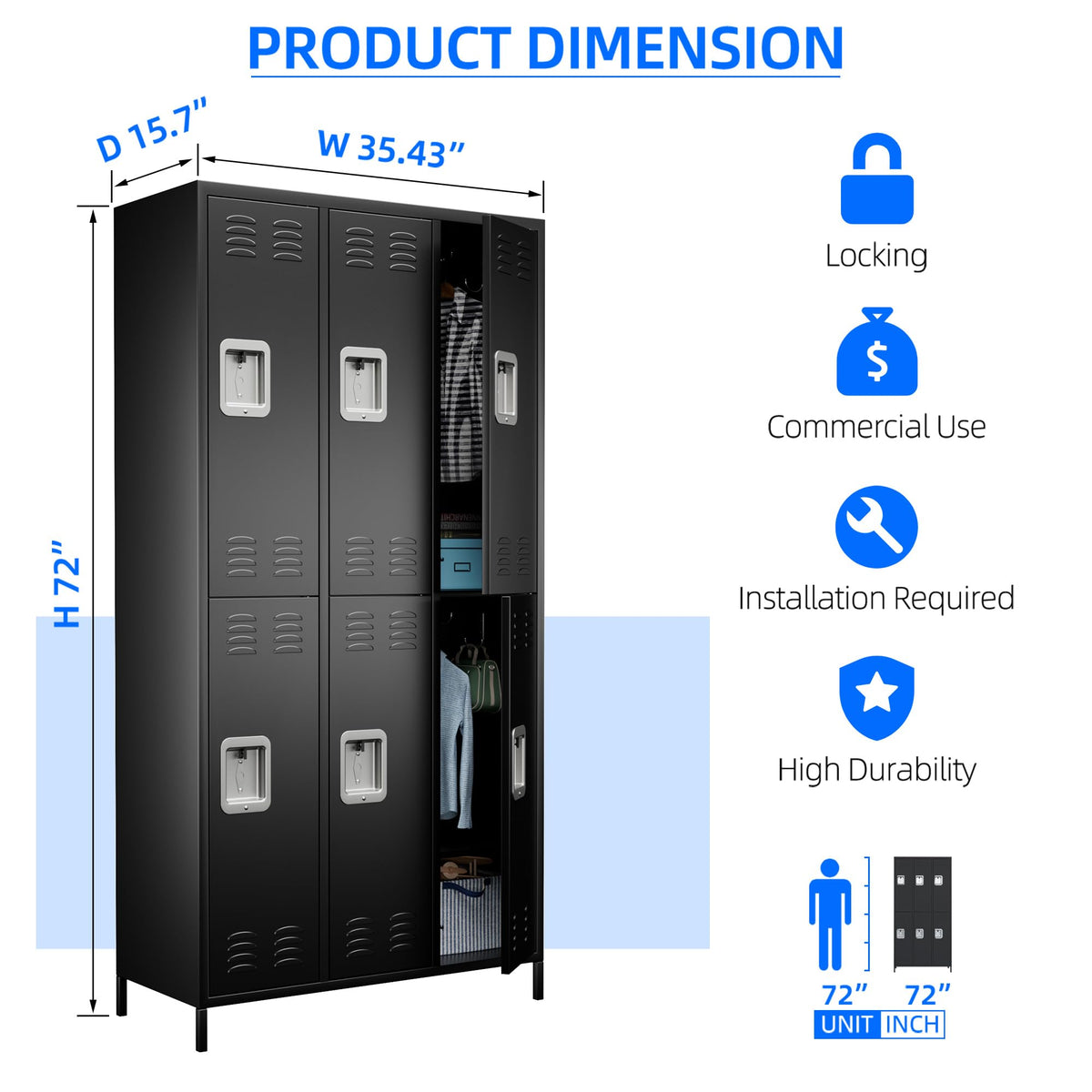 METAN Metal Locker For School Office Gym Bedroom,3 Doors Steel Storage Locker Cabinet For Employees,Industrial Storage Locker With 2 Shelves,Assembly Required 3 Door-Black