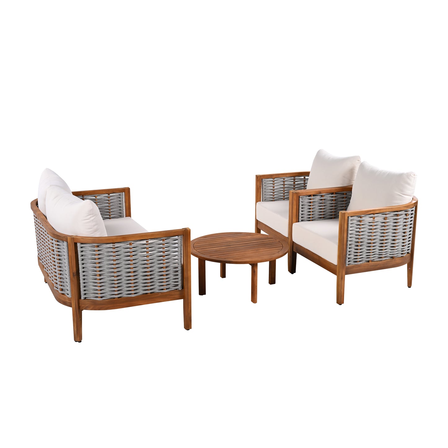 Outdoor Unique Tub Design 4-Seat Sofa Set With Woven Rope, 4 Pieces Acacia Wood Patio Furniture Set, Deep Seating With Soft Cushions For Porch, Garden, Backyard, Balcony, Teak Finish & Beige Cushion