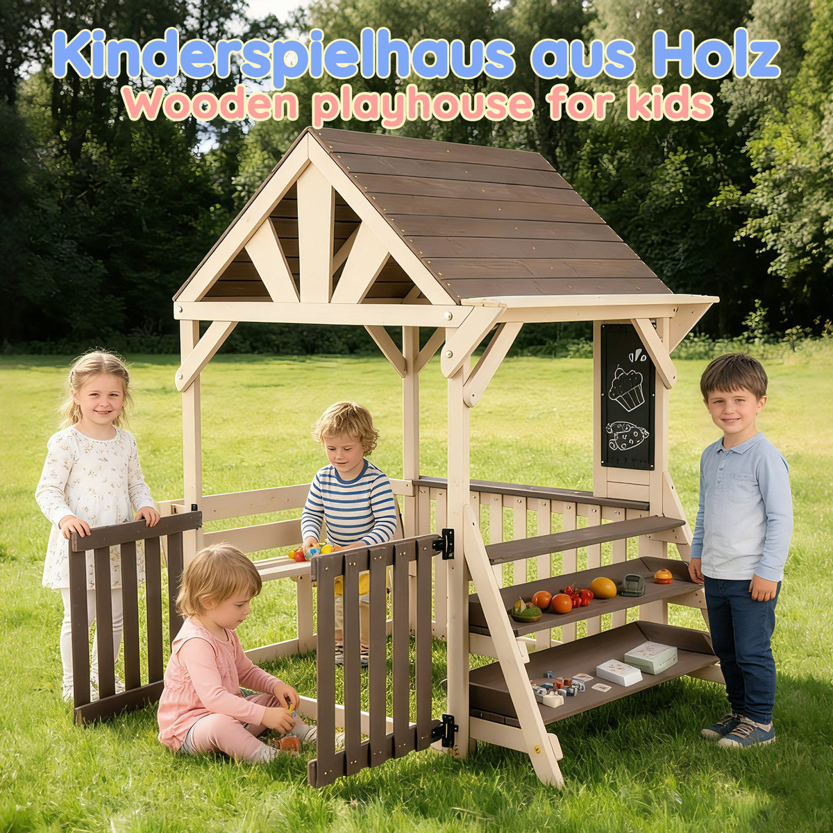 House-Shaped Outdoor Wooden Kitchen Playset With Rainproof Roof And Half-Height Railings, With A Multi-Purpose Plant And Toy Shelf, Suitable For Children 3 Years And Older, Outdoor Playhouse Grey
