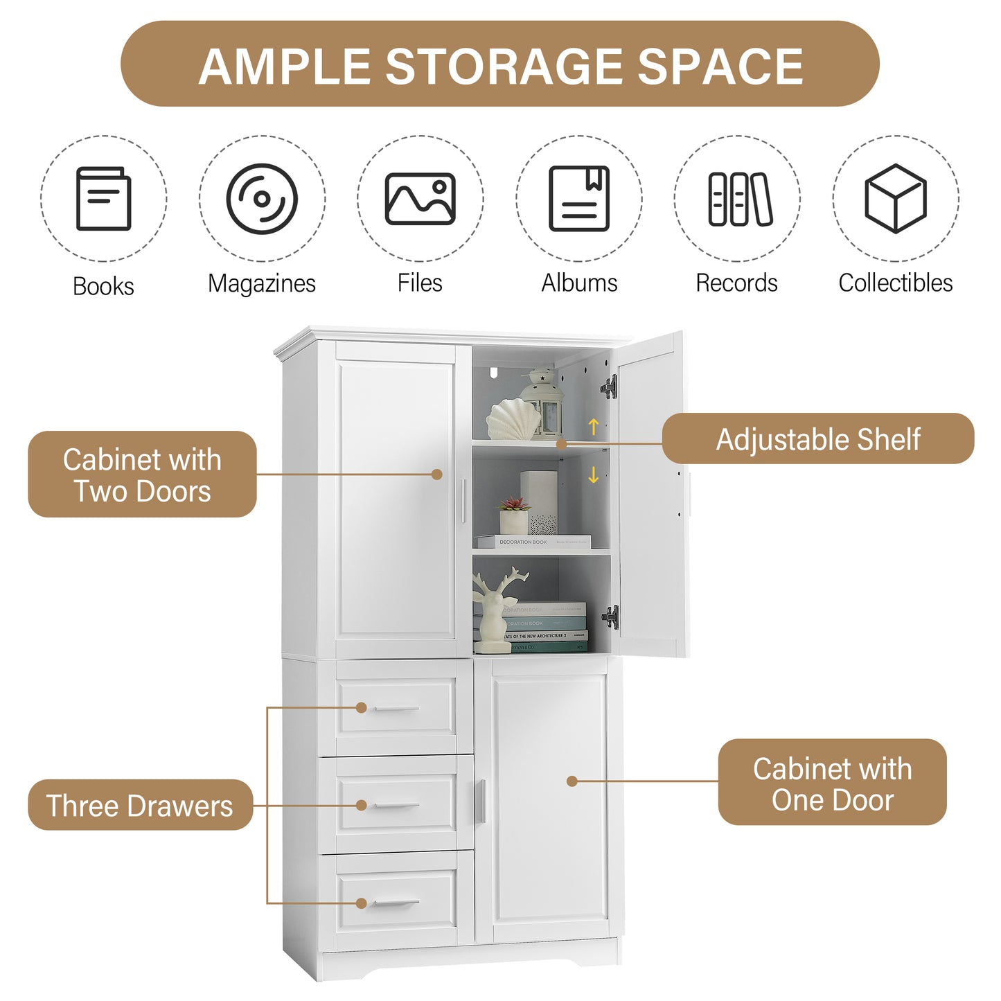 Tall And Wide Storage Cabinet With Doors For Bathroom Office, Three Drawers, White