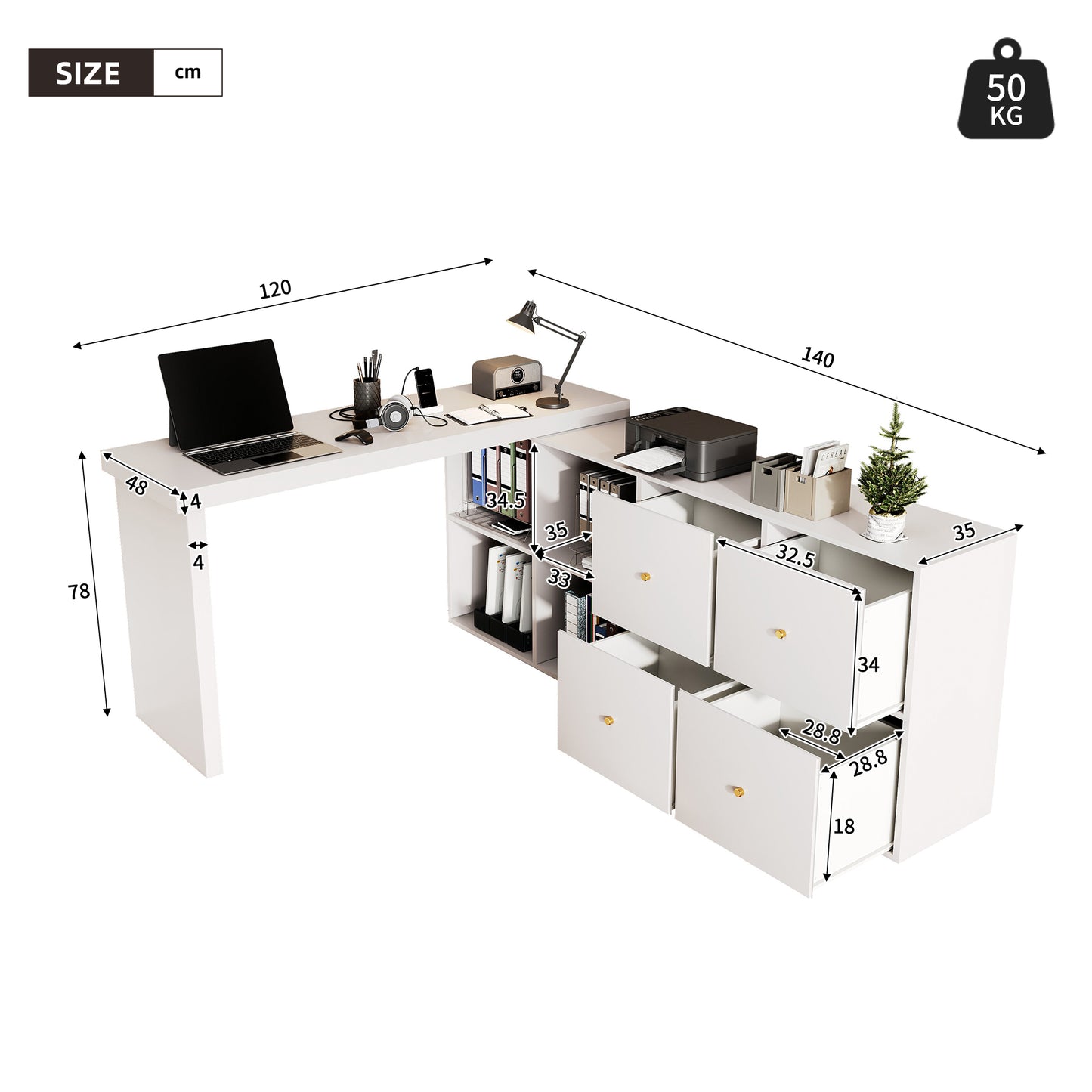 N880P3123534W Corner Table, Table Top 360degree Swivel-L-shaped Or Straight, MDF, Table Top And Legs 4 Cm Reinforced, With 4 Compartments, 4 Drawers, White, Flexible Positioning, Desk