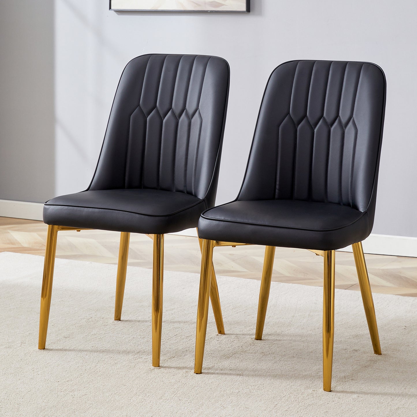 Two Black Faux Leather Dining Chairs Modern And Minimalist Design, Equipped With Widened Seat, Backrest And Non-slip Metal Feet, Suitable For Dining Room And Kitchen.