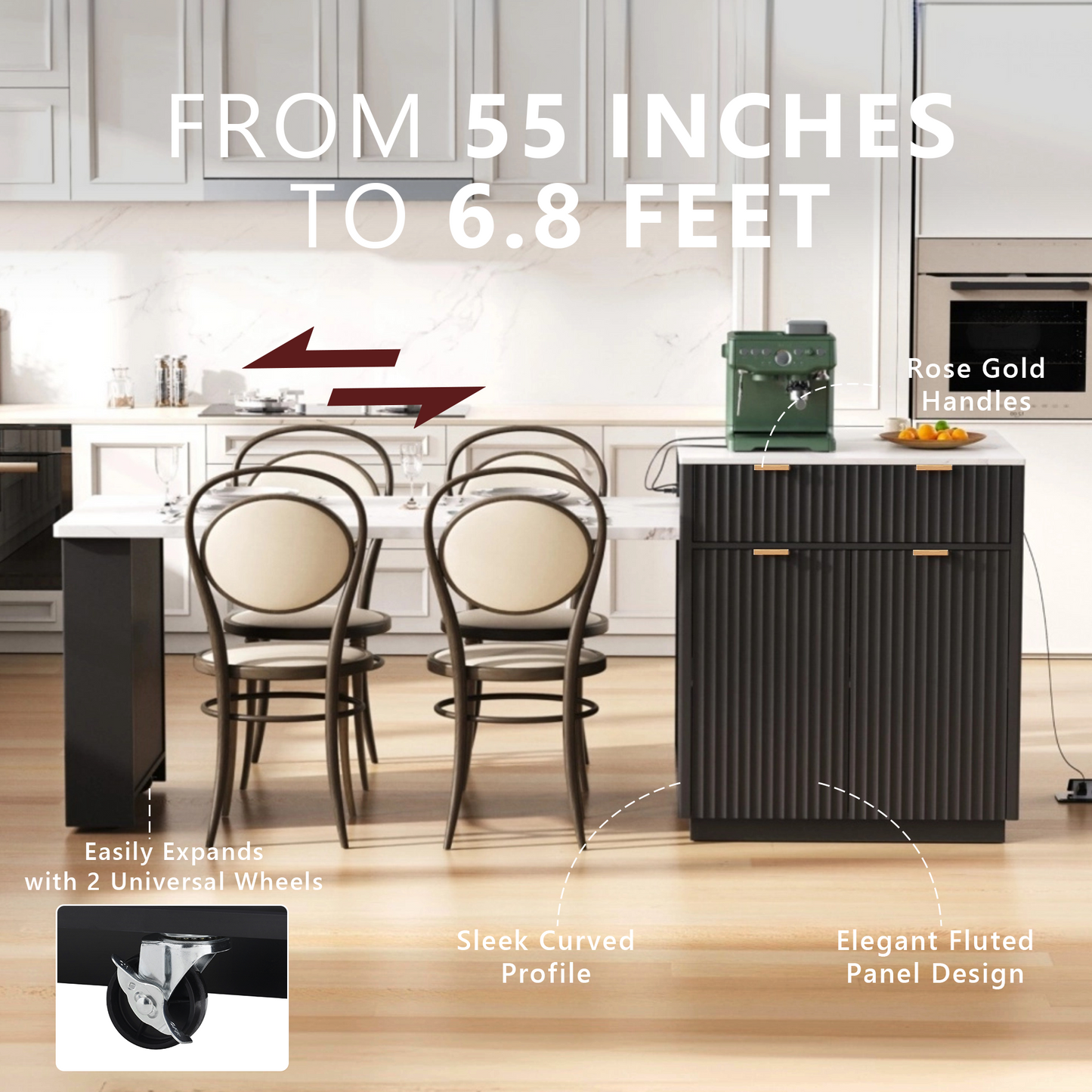 K&K 82.6 Fluted Kitchen Island With Extendable Dining Table For 4-6, Island Table For Kitchen With Power Outlet, Kitchen Table With Double-Side Storage, 2 Drawers 2 Side Open Shelves, Black