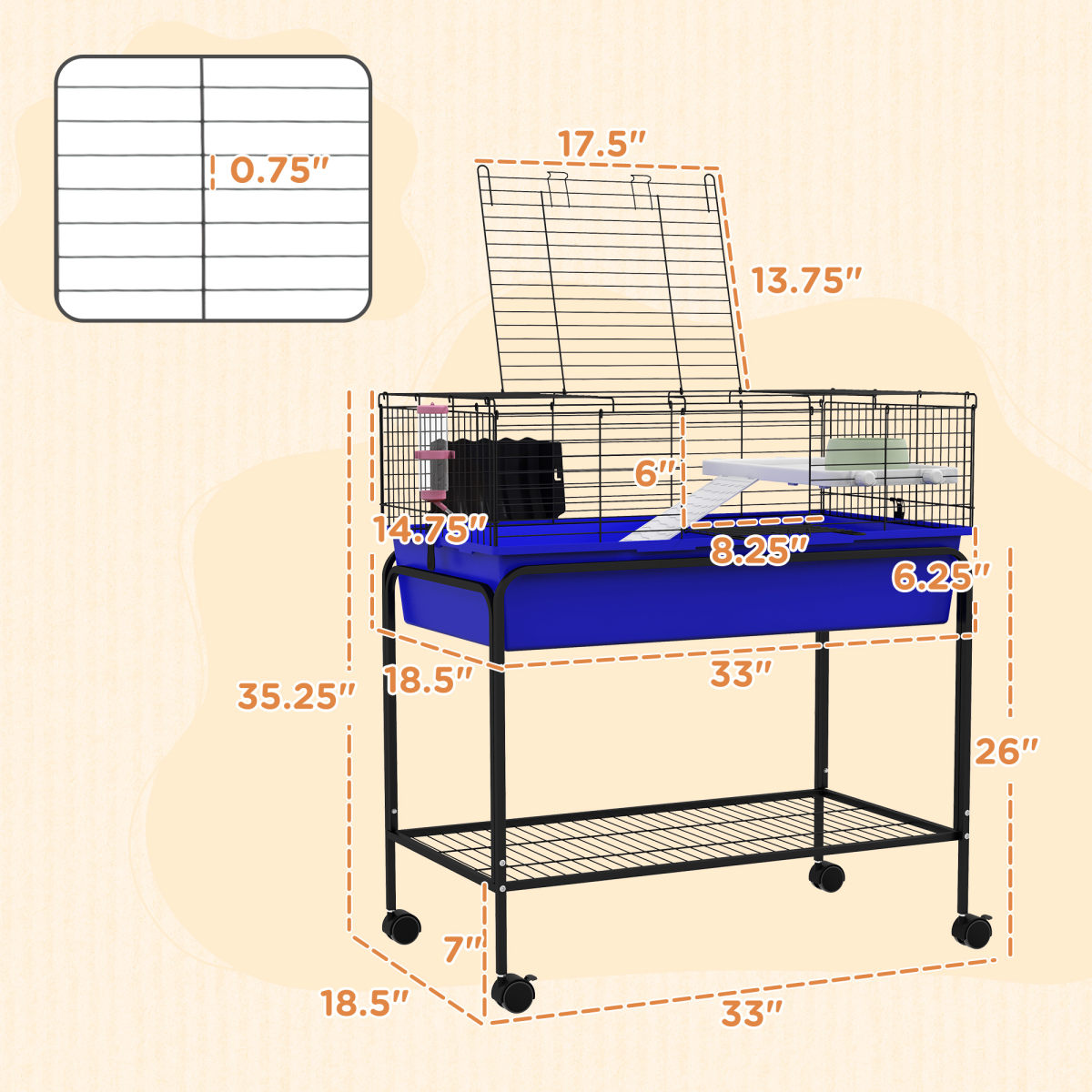 Two-Story Small Animal Cage Removable from Stand, Pet Habitat with Shelf & Wheels, 33" x 18.5" x 35", Blue