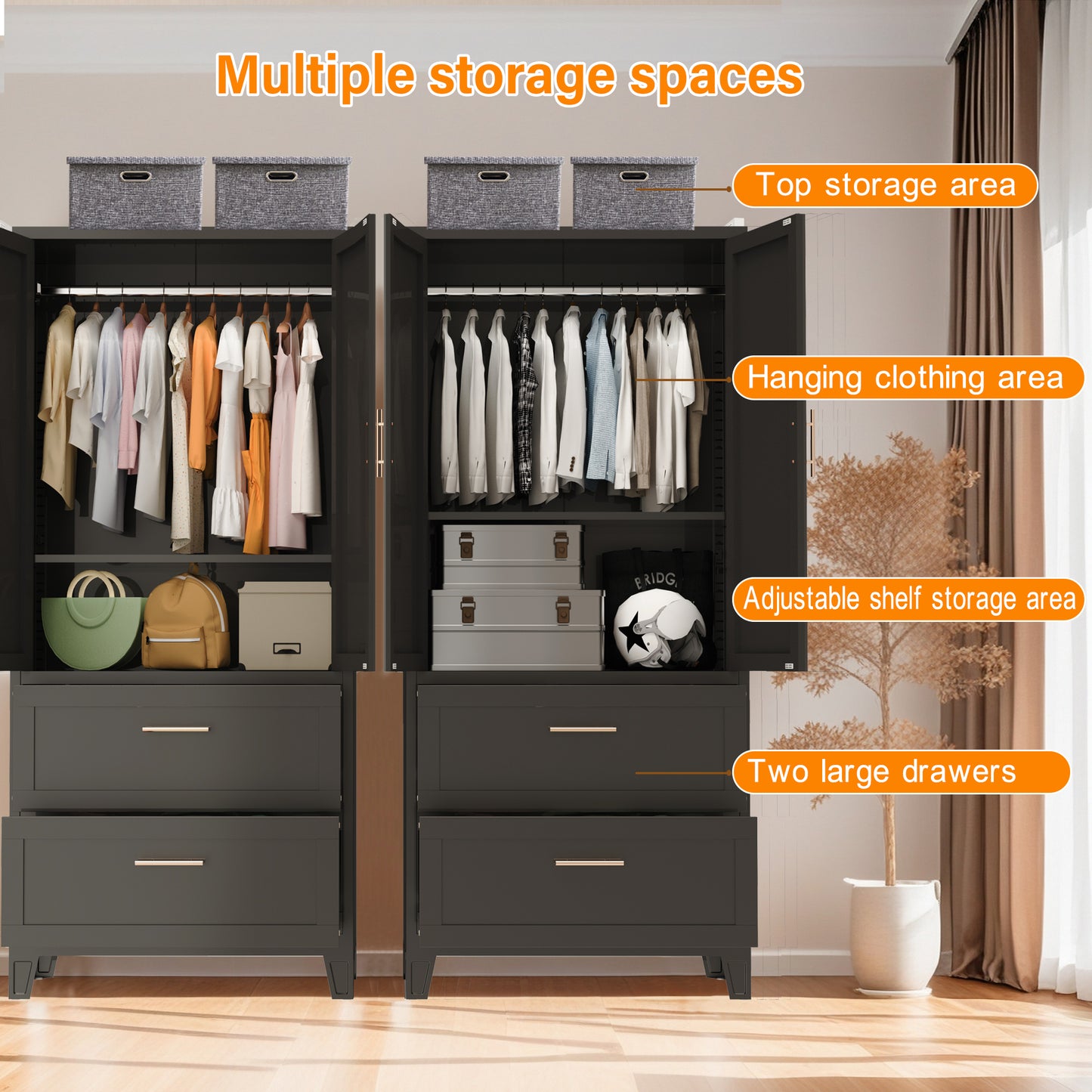 71 Tall Metal Wardrobe Cabinet With 2 Drawers And Hanging Rod, 2 Doors Wardrobe Closet With Shelf For Bedroom, Office, Laundry Room,Entryway ,Foyer,Guesthouse Black