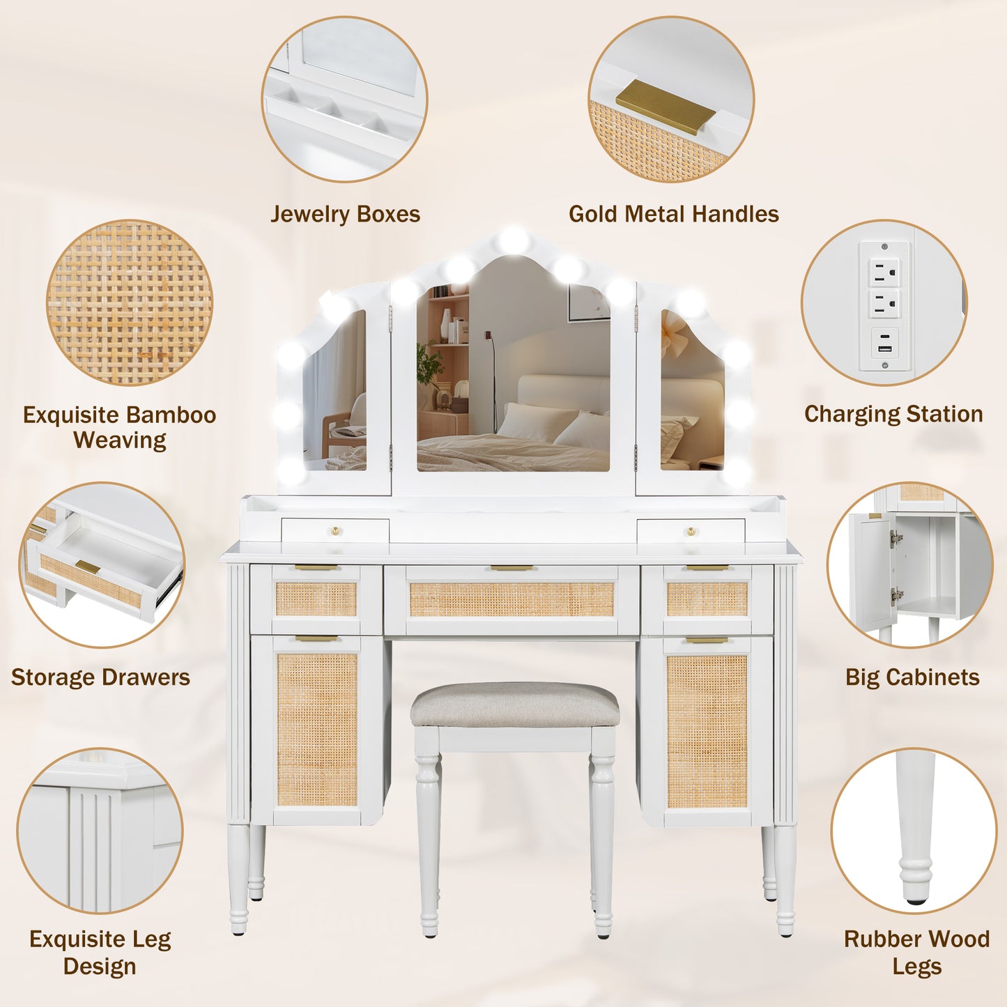 44.37 Makeup Vanity Desk With 13 Hollywood Bulbs And 3 Lighting Modes, Dressing Table With Tri-Fold Mirror Large Vanity Table With 5 Drawers And Shelves And Charging Station For Bedroom, White