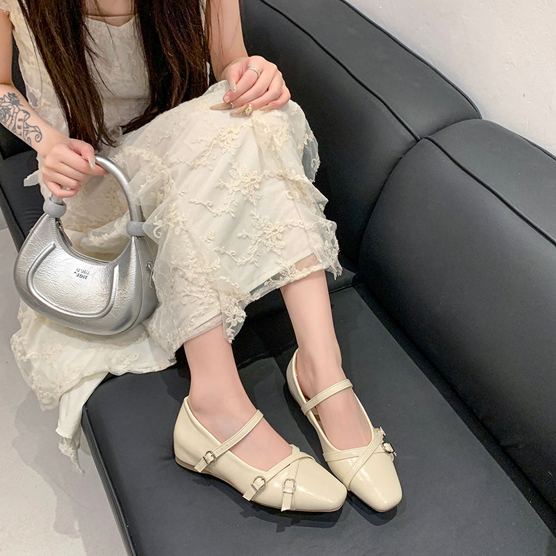 2026 Spring Summer New Women's French Square Toe Mary Jane Flats With Hidden Heel, Elegant Silver Single Shoes With Single Strap Buckle