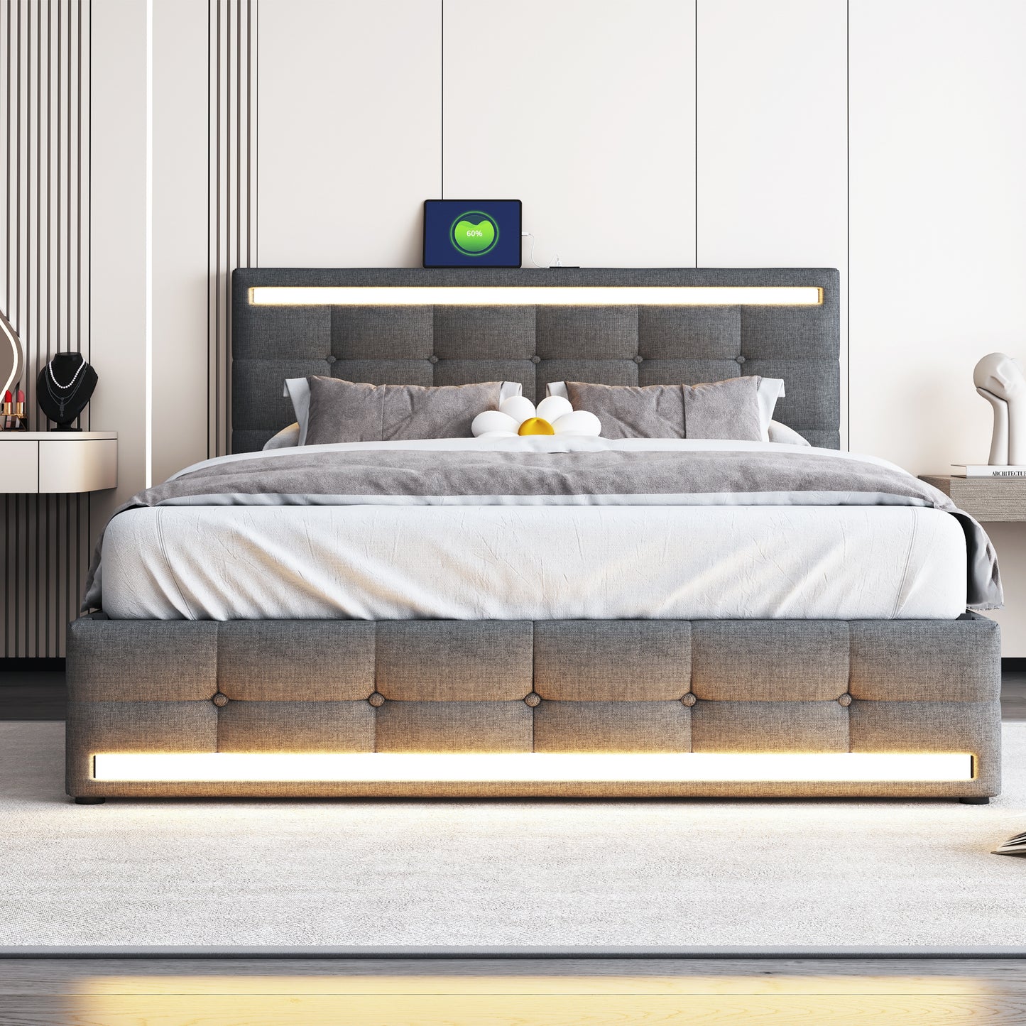 Upholstered Bed 140x200 LED Upholstered Bed With 4 Drawers And 2 USB Charging Stations, Bed Frame With LED Headboard Footboard, Upholstered Platform Bed With Storage, Linen Fabric Grey