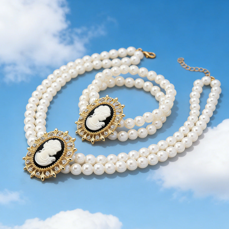 Luxury-style Double-layer Faux Pearl Beauty Portrait Necklace And Bracelet Set