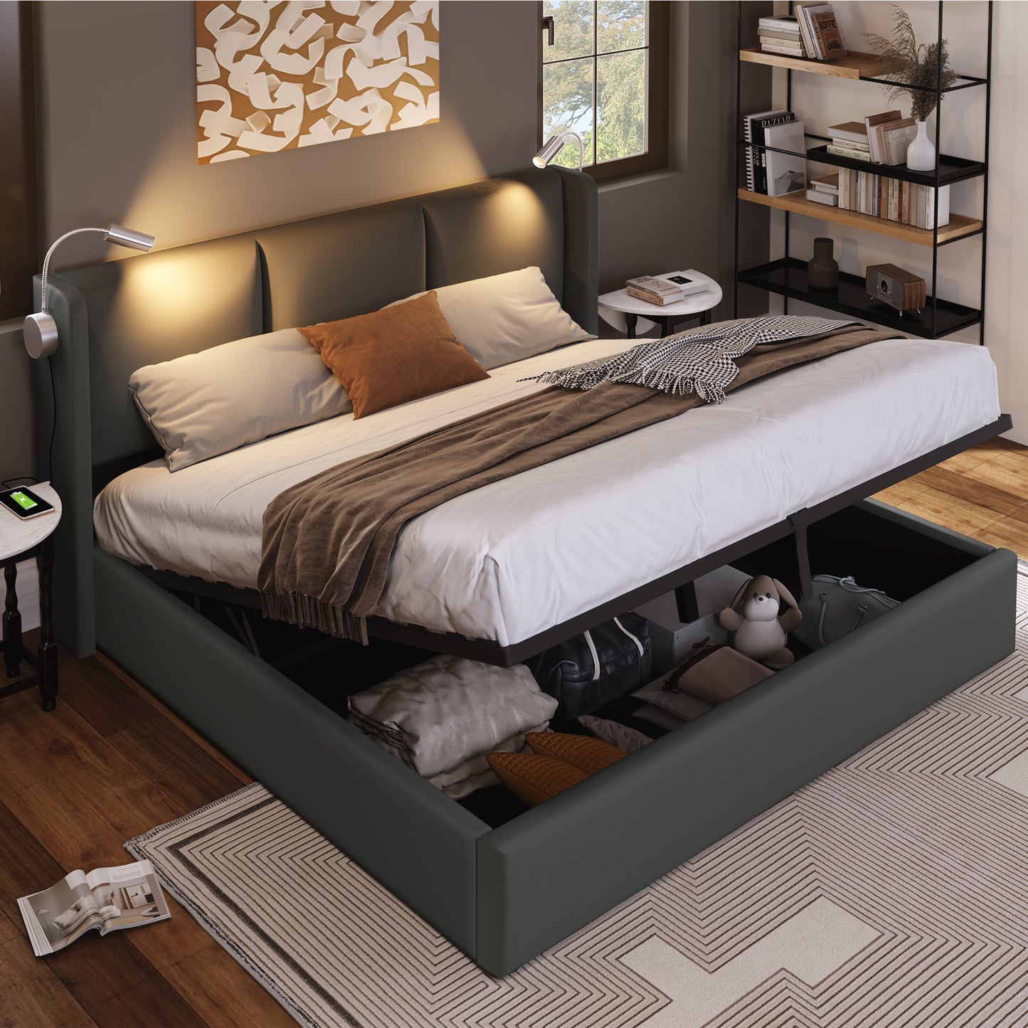 Upholstered Bed Double Bed Storage Bed Box Reading Light With USB Charging Function Headboard,Storage Beds Bed Frame PU Youth Bed 140x200 With Slatted Base Without Mattress
