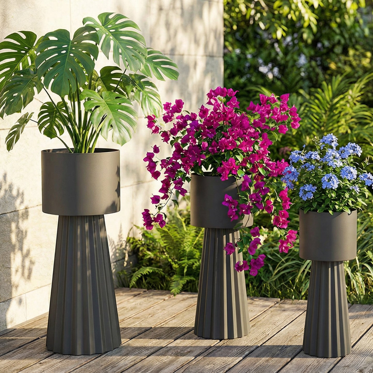 3pcs Metal Plant Pots With Stand Indoor Outdoor Tall Flower Pots 9.1in 10.6in 11.8in For Living Room Corner Kitchen Office Garden Decor Dark Gray