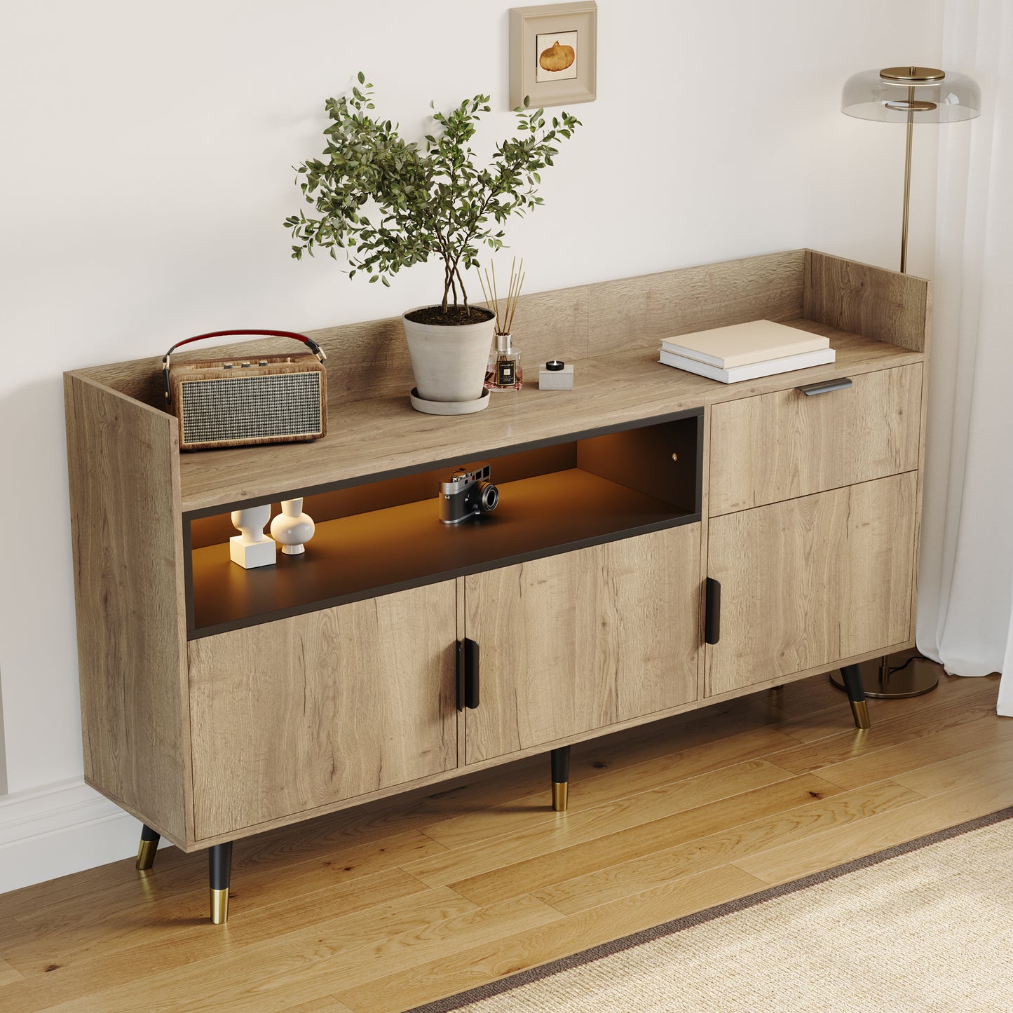 Modern Minimalist Sideboard Open Shelves, Practical Drawers, Swinging Doors On Both Sides. With Low-noise Rails And Sturdy Wooden Frame Suitable For Living Room, Dining Room And Office.