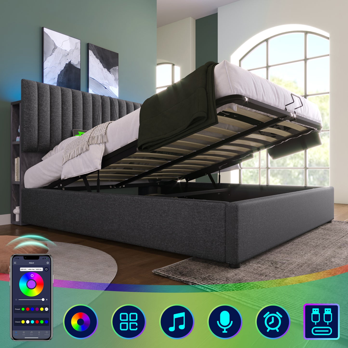 Upholstered Bed Storage Double Bed LED App-Control Bed With Charging USB Type C Charging Function, Storage & Adjustable Headboard, 160x200cm Wooden Slatted Frame, Grey Without Mattress