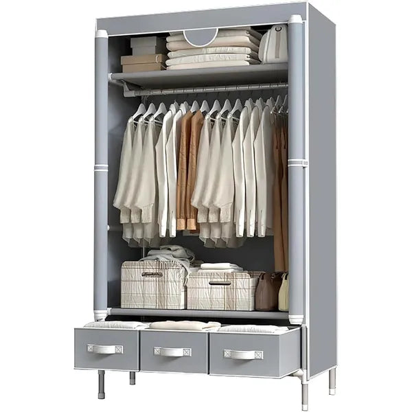Portable Wardrobe 67x35.4x17.7in - Gray - Rolling Door, Hanging Rack, Non - Woven Fabric Storage & 3 Drawer Boxes, Tool - Free Setup