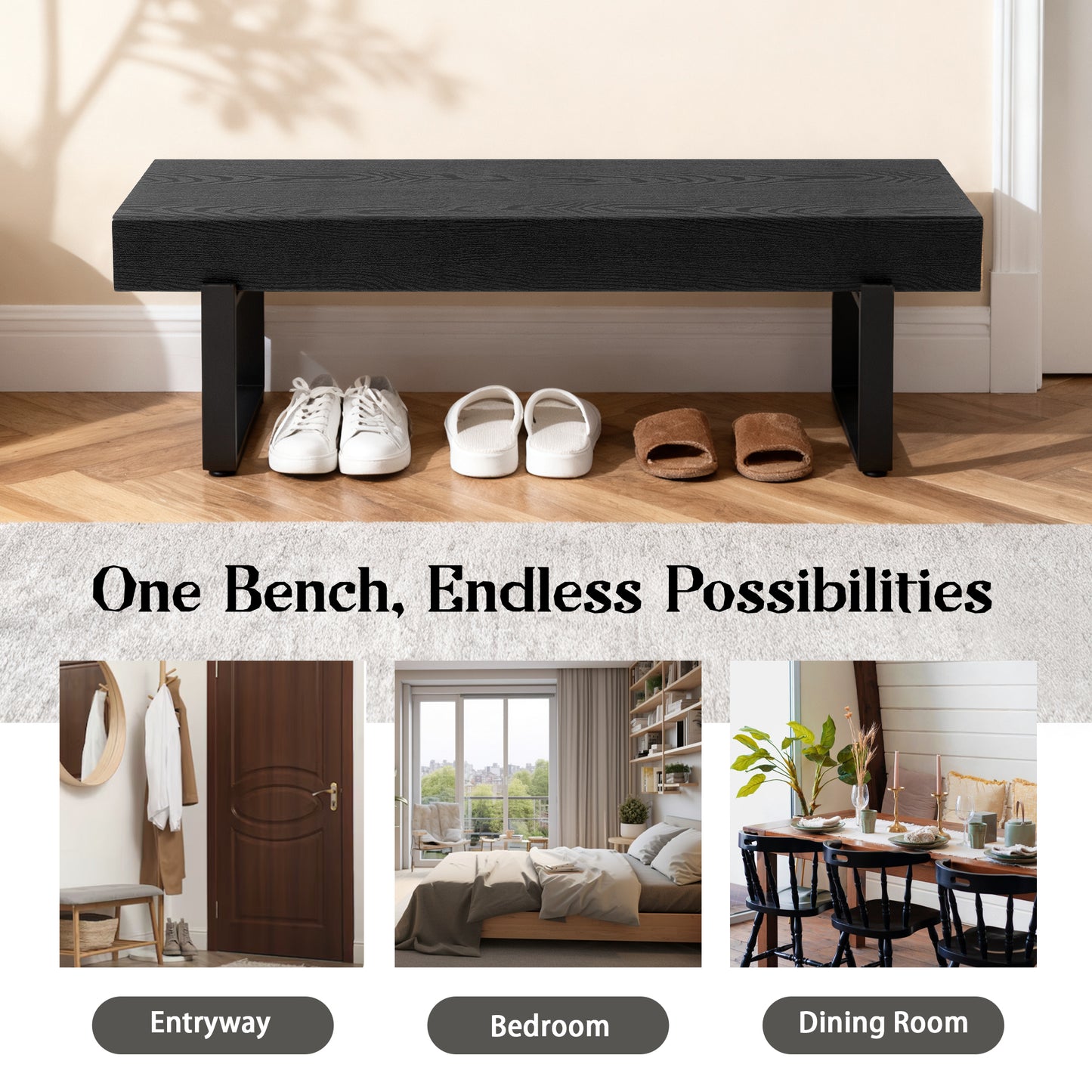 59 Wood Bench For Bedroom End Of Bed, Farmhouse Indoor Kitchen Table Benches,Versatile Modern Shoe Bench For Entryway, Black