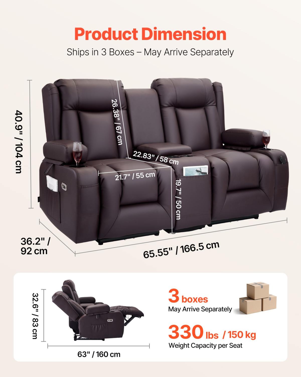 Loveseat Recliner Sofa, Power Reclining Couch With Heating & Massage And Timer, PU Leather Electric Recliner Sofa With Center Console, USB Ports, Cup Holders And Side Bags For Living Room