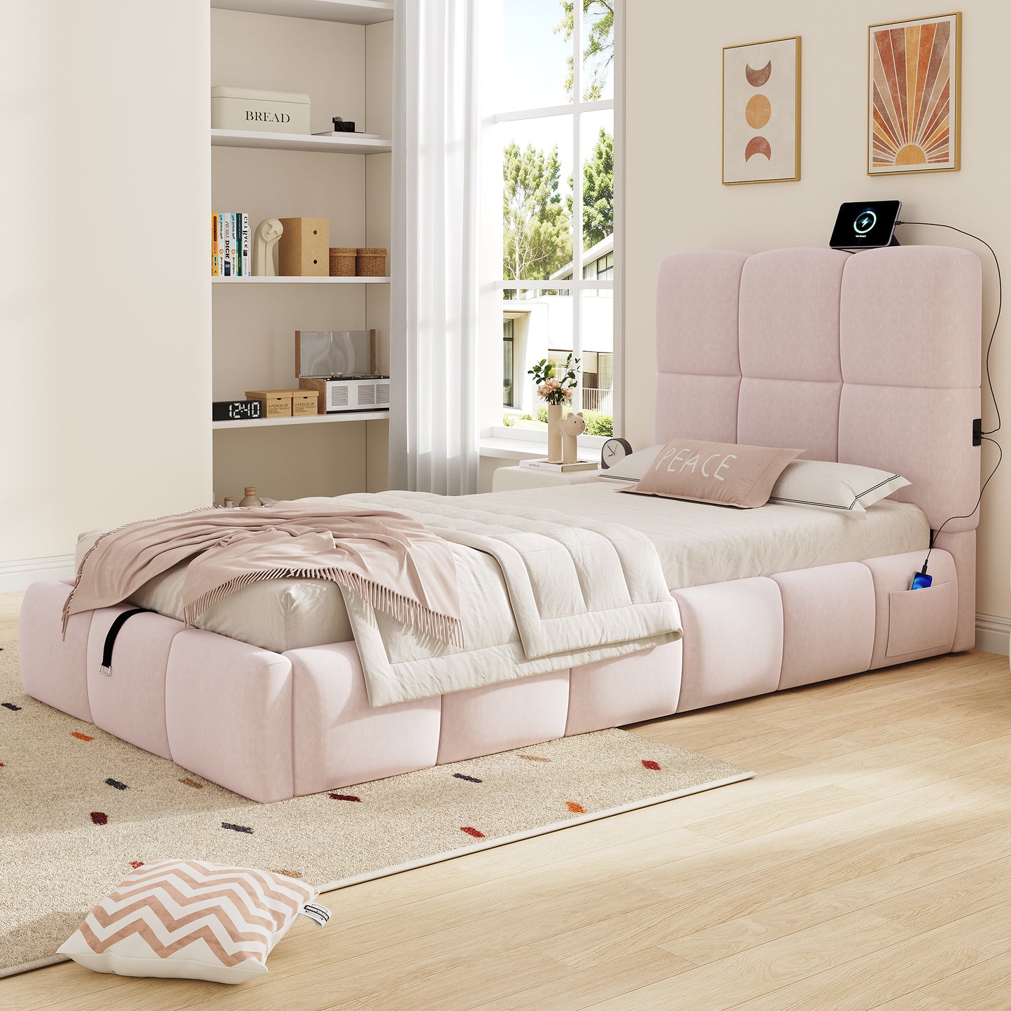 Upholstered Bed, Single Bed, Cot 90 X 200cm, Hydraulic Functional Bed, Bed With Slatted Base, Headboard, Large Storage Space And USB Charging Port, Upholstered Headboard, Velvet, Pink