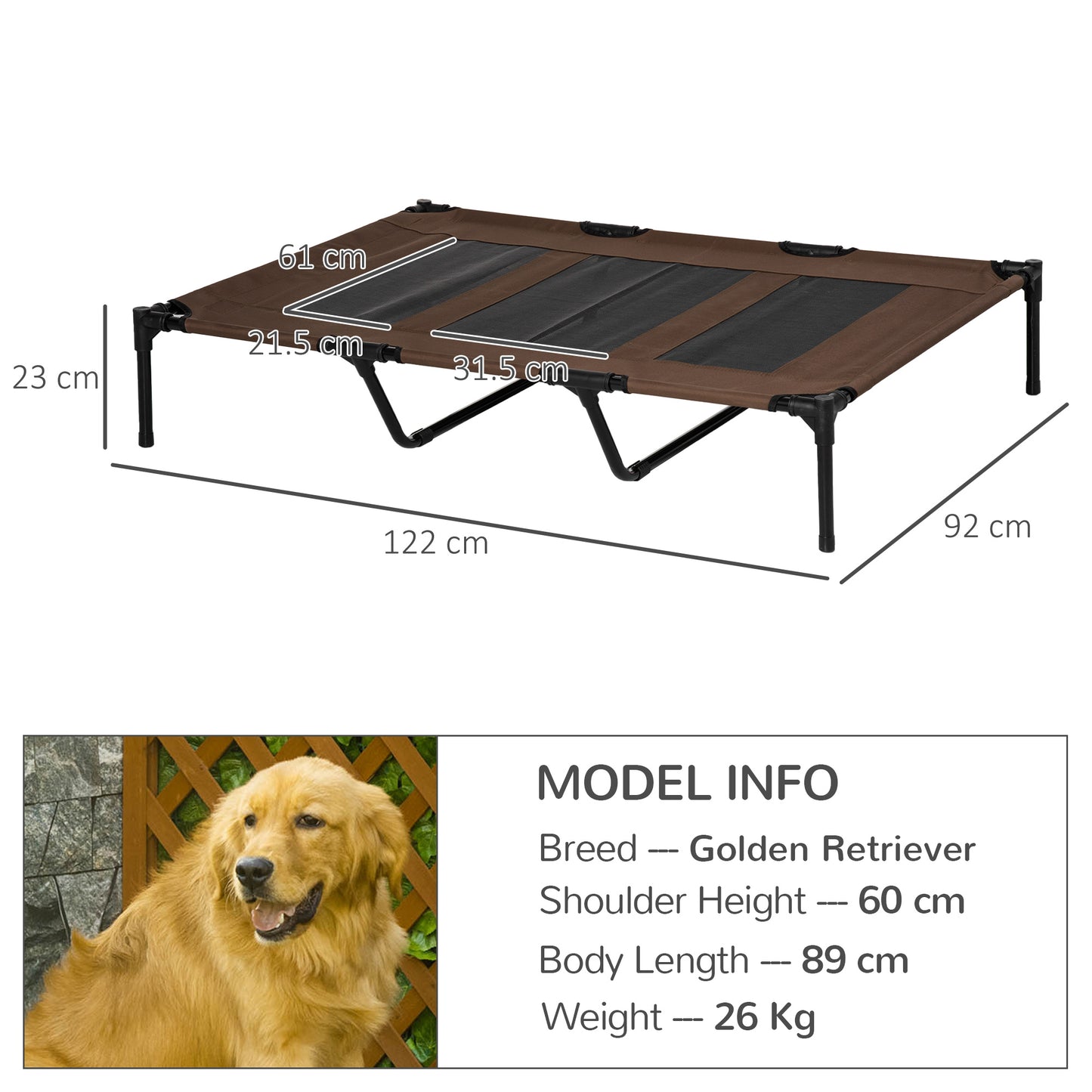 PawHut Raised Dog Bed Cooling Elevated Pet Cot With Breathable Mesh For Indoor Outdoor Use Brown, XX Large, 122 X 92 X 23cm
