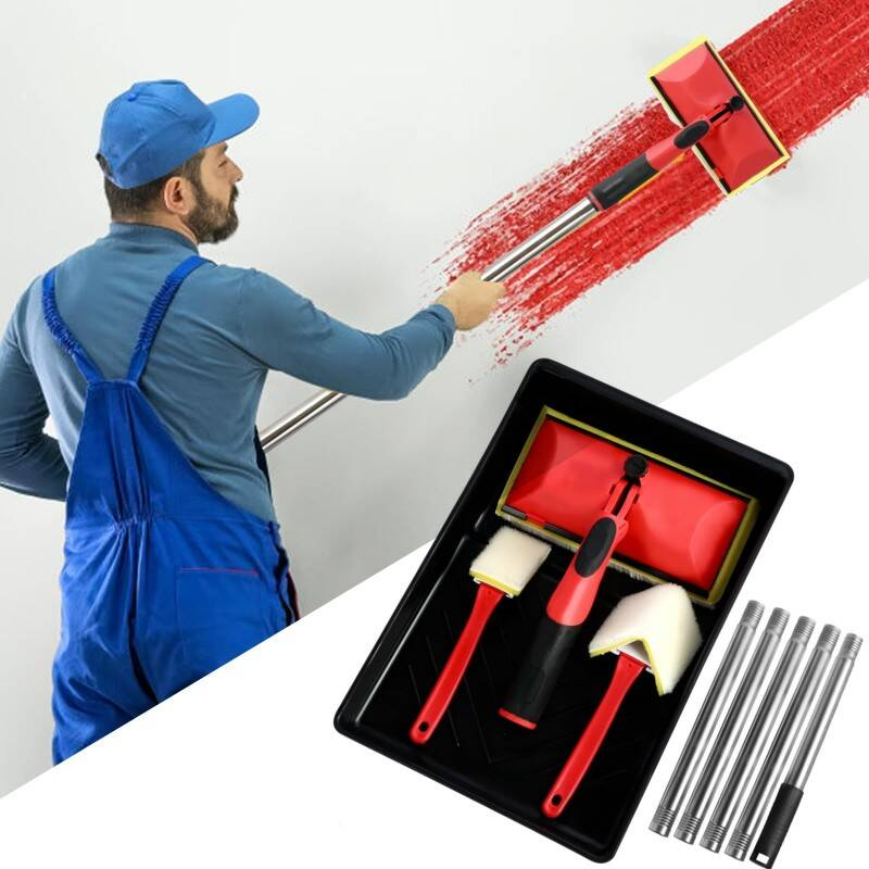 Paint Pad Set With Angled Head & 124cm Pole Multi-Angle Adjustable Paint Pads For Walls And Ceilings All-in-One Painting Tools Kit Inc. Corner Paint Pads, Tray & Decorating Tools For Flawless Edge