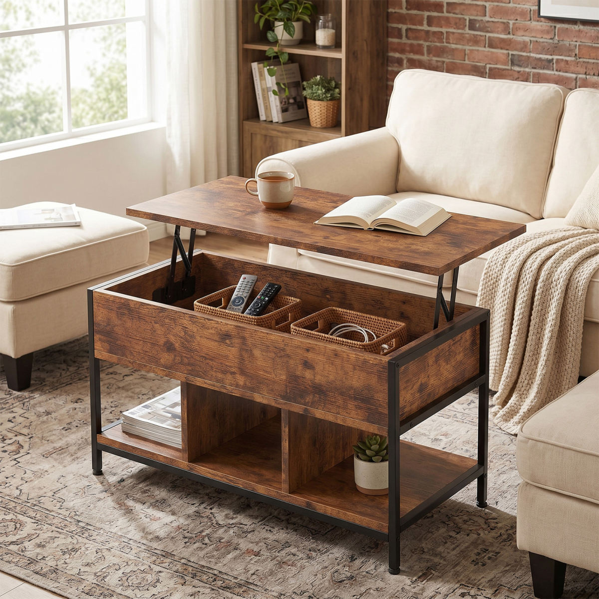 Lift Top Coffee Table With Hidden Compartment Storage Shelf Rising Tabletop Center Table For Living Room Retro Color