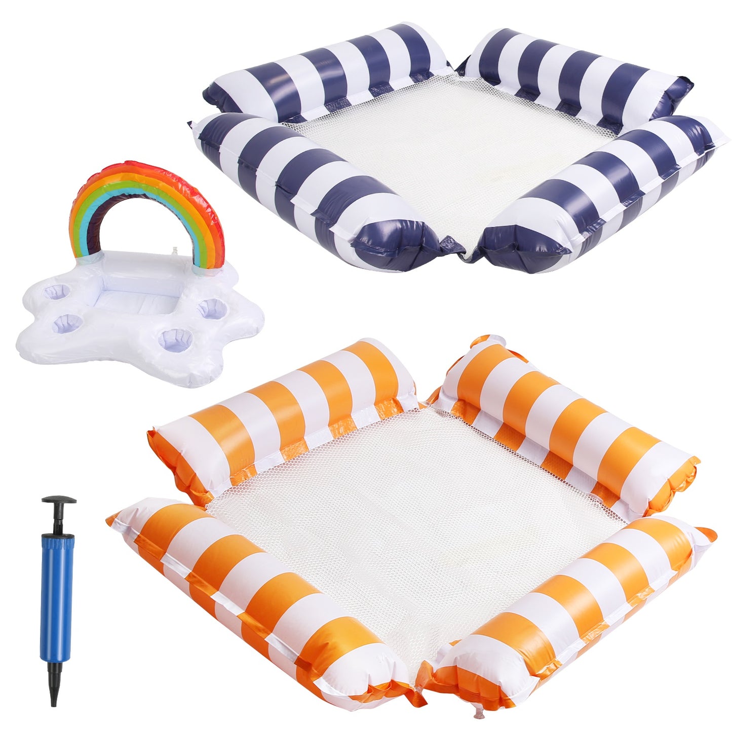 Set Of 3 Pack Inflatable Pool Floats 1 Drink & Snack Float 2 Water Hammocks With High Buoyancy Pillows Cooling Mesh