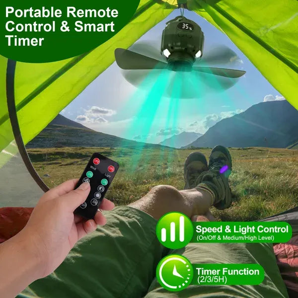 Portable Camping Ceiling LED Fan 10400mAh USB Battery Powered Hanging Tent Lantern Fan Power Bank With 3 Fan Speed 3 Light Brightness Smart Timer Display Remote Control