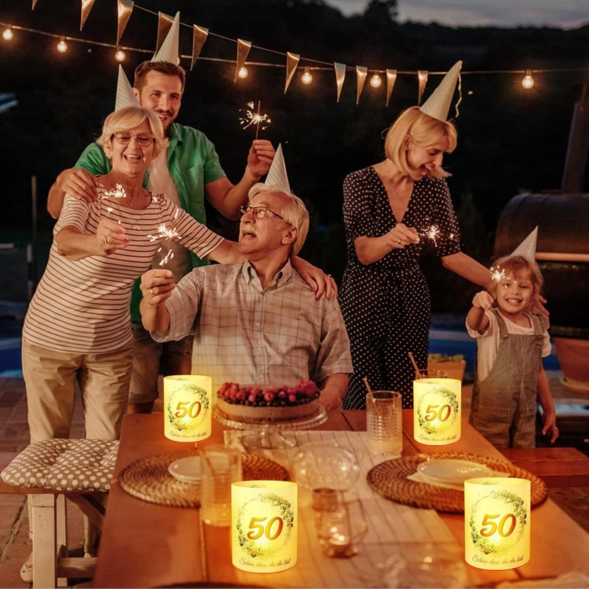12-Piece Set Of Table Lanterns For Golden Wedding Anniversary, 50th Anniversary, Husband And Wife Table Decor, Green Eucalyptus, “So Glad You’re Here” Gold Wedding Anniversary Party Decor For Candles