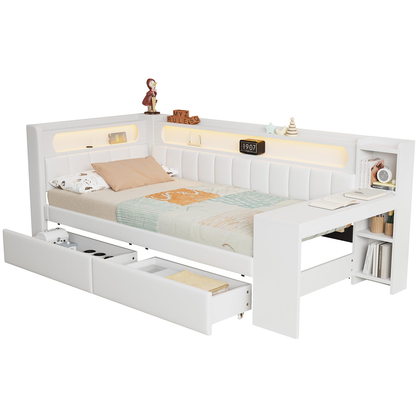 90x200 Padded Daybed With USB Ports And LED Belt, With Desk And 2 Drawers, White