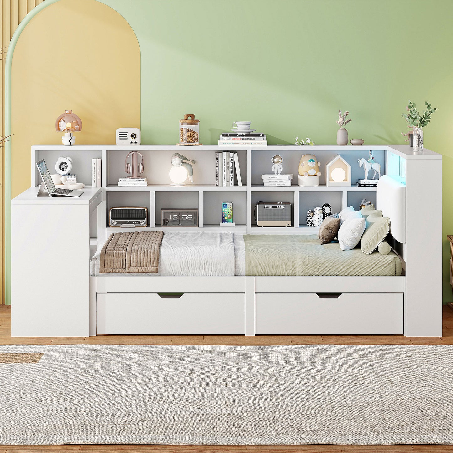 90x200 L-Shaped Wooden Platform Bed With Desk And Bookcase, Corner Captain's Bed With Upholstered Headboard, Under-Bed Drawers, LED Light - White