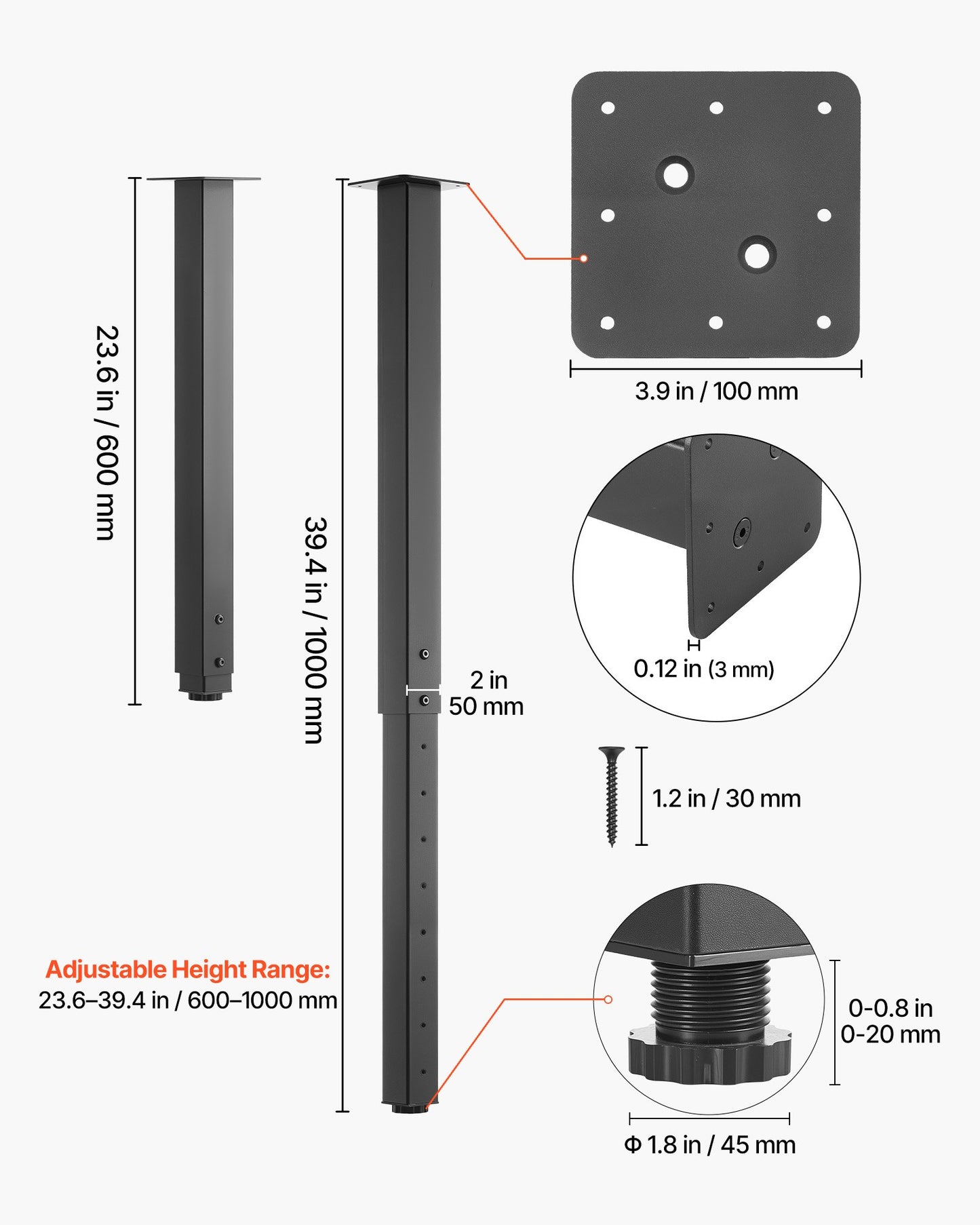 Adjustable Table Legs, 24-40 In Square Steel Furniture Legs, 1200 Lbs Max Load Heavy Duty, Quick Installation, Ideal For Home Office Desk DIY, Coffee Dinner Bar Tables, Workbenches, 4 PCS, Black