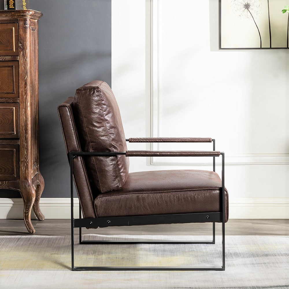 Classic Mid Century Modern Accent Chair With Durable Square Metal Frame, Armchair For Living Room, Bedroom, Home Office In Spotted Microfiber Upholstery, Dark Brown