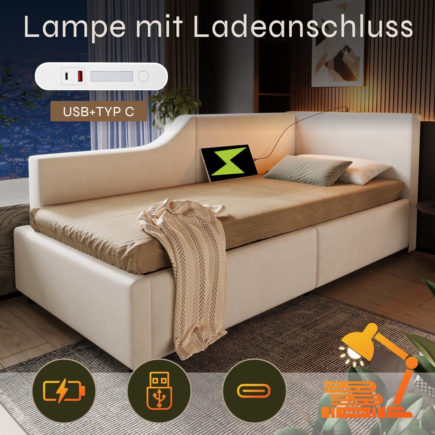 Upholstered Bed Daybed Daybed 90x190cm, Sofa Bed With Hydraulic Storage Space, Reading Light Function And USB-C Charging Function, Children's Bed Bed Frame With Slatted Base Made Of Wood, Velvet, Beig