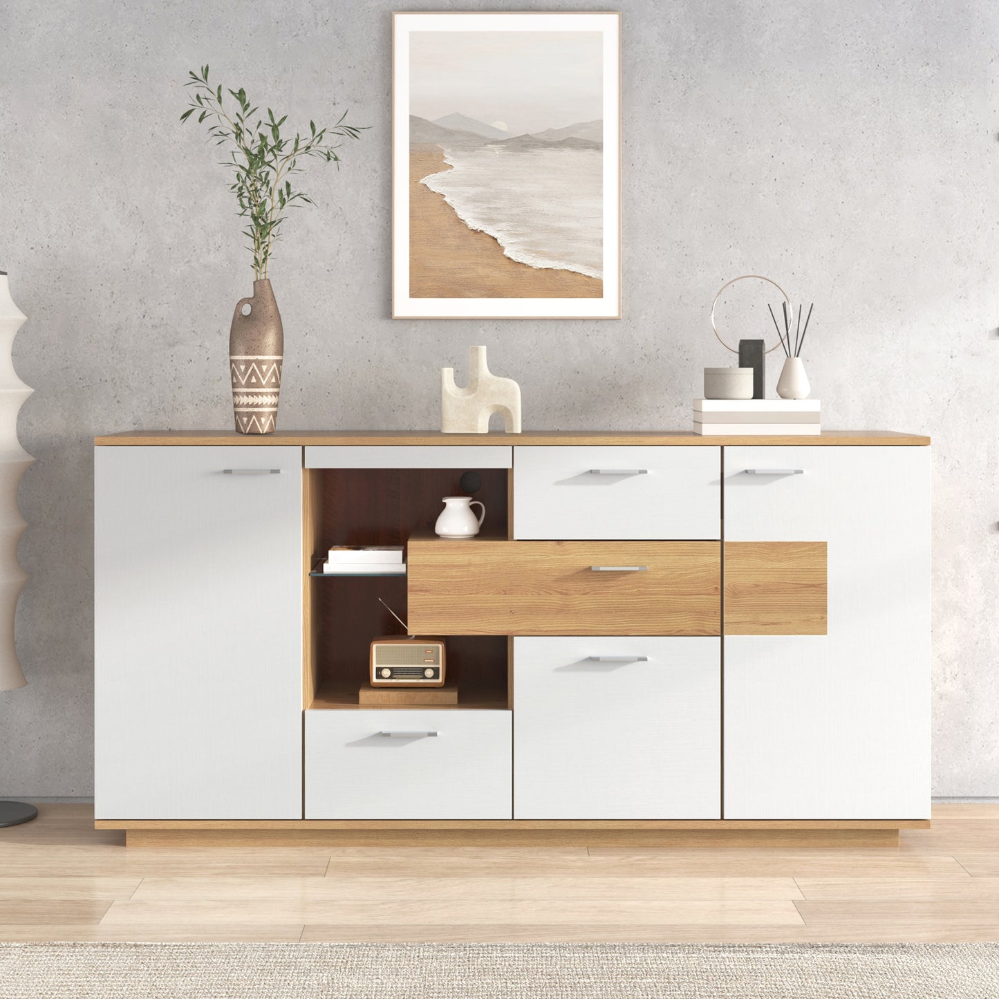 Modern Sideboard Cabinet With Plenty Of Storage Space, With LED Lighting, 160x40x77cm, 2 Doors, 4 Drawers, Glass Shelf, Wood Look, White, Living Room Furniture, Organizer, Chest Of Drawers, Multi-purp