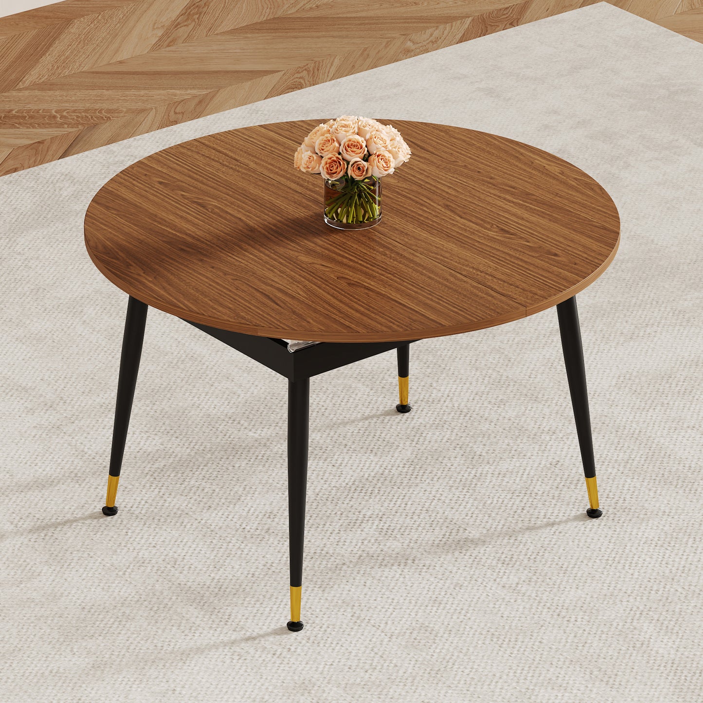 Walnut Oval Extendable Dining Table, MDF Top Modern Expandable Kitchen Table With Sturdy Metal Legs For Dining Room, Seats 6-10 People
