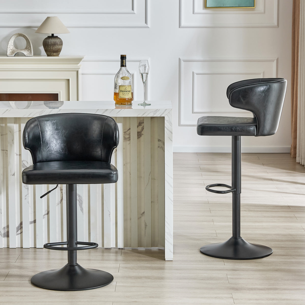 Modern Rotating Adjustable Bar Chair, Oil Wax Belt Backrest Swivel Chair, Suitable For Kitchen Bar Counter And Dining Room, Adjustable Height, Capable Of Bearing 300 Pounds Black -2 Pieces