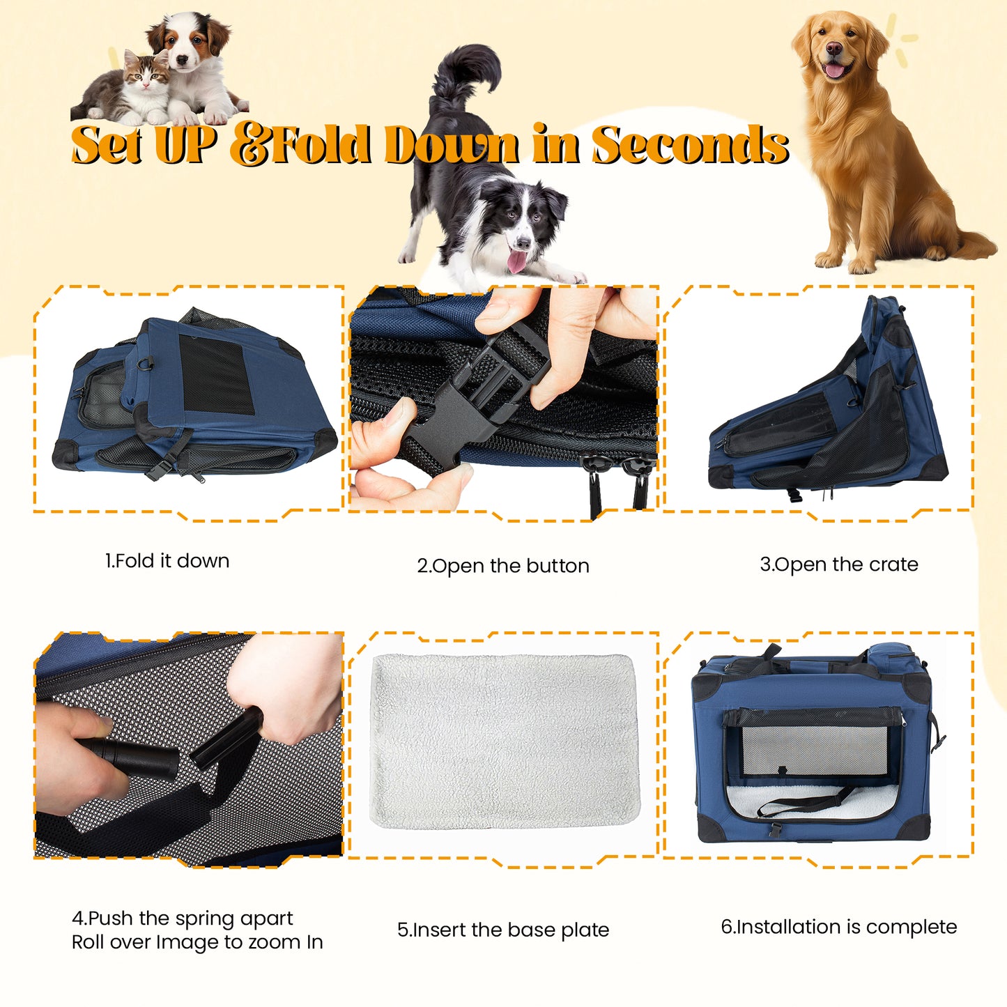 36 Soft Dog Crates Kennel, 3-Door Portable Folding Pet Carrier With Mesh Windows, Straps And Fleece Mat For Dogs, Cats, Rabbits, Meeting The Needs For Indoor, Outdoor, And Travel Use, Dark Blue