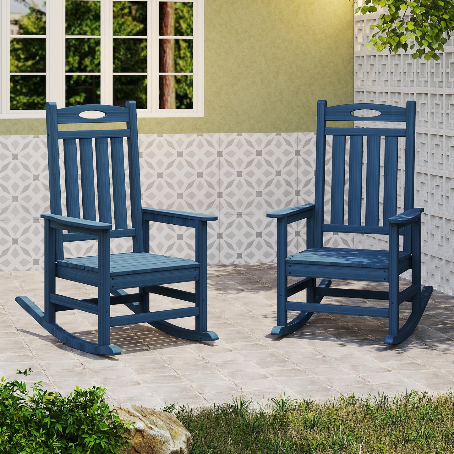 Outdoor Rocking Chair Set Of 2, HDPE Patio Rocking Chair For Adults, Oversized Outdoor Rocker For Porch Garden Lawn,Blue