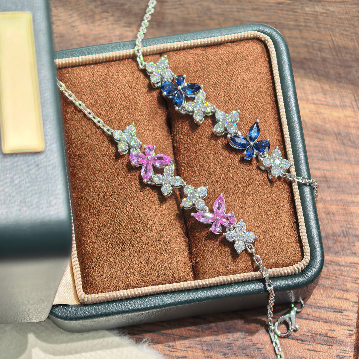 S925 Sterling Silver Lab-Grown Gemstone Butterfly Bracelet 16cm Blue P Ink Moissanite Platinum Plated Fashion Gift Box