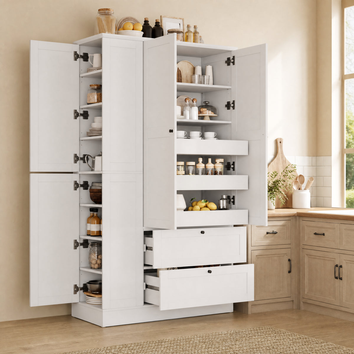 TOPMAX 73.6 Tall Farmhouse Kitchen Pantry Cabinet With 7 Shelves, 2 Drawers, 3 Pull-Out Trays, 6 Doors And Side Cabinets For Kitchen & Dining Room, White