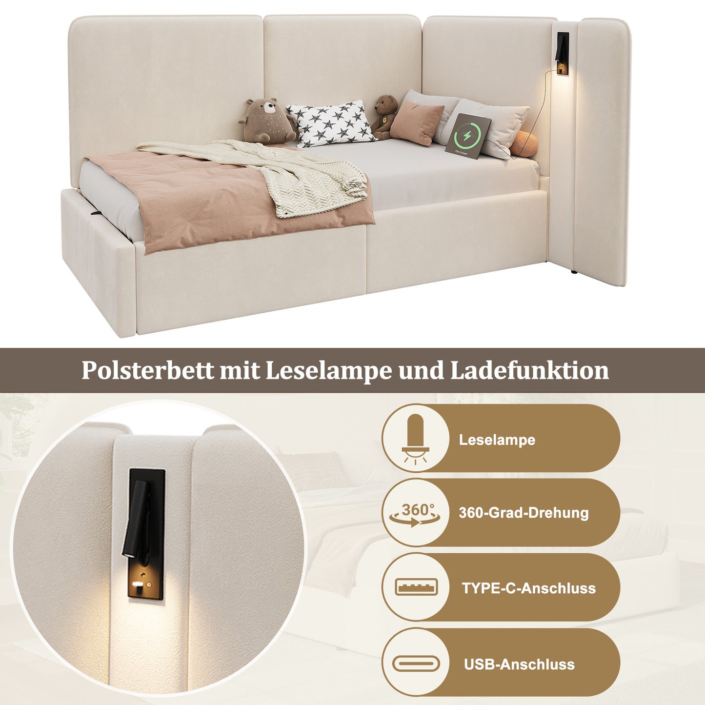 Daybed 90x200 Cm With Hydraulic Storage, Upholstered Bed, Daybed, Sofa Bed With USB Charging Port And Reading Lamp, Velvet, Beige